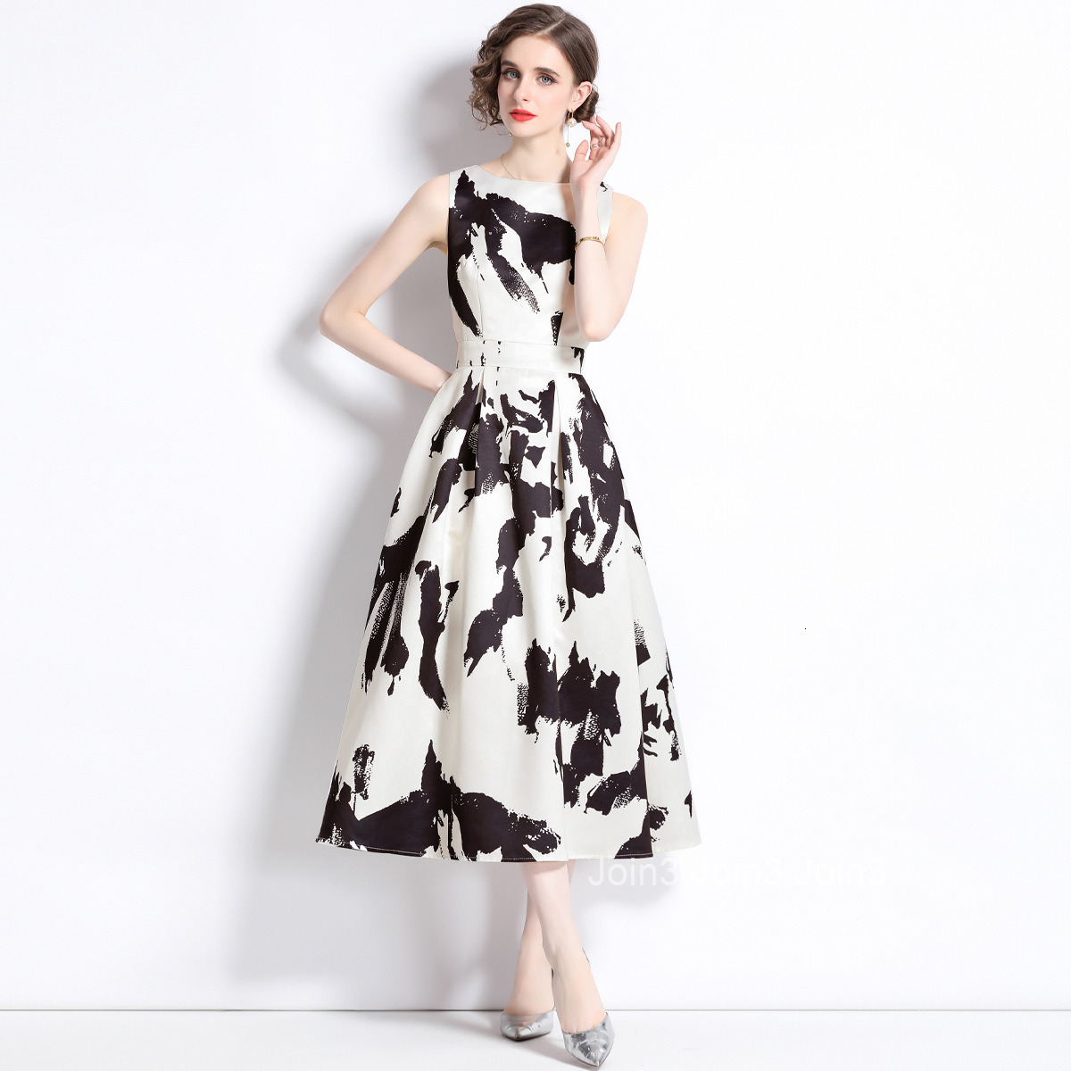 9068 Summer New Ink Art Print Round Neck Sleeveless High Waist A-Line Korean Style Slimming Dress Womens Umbrella Skirt