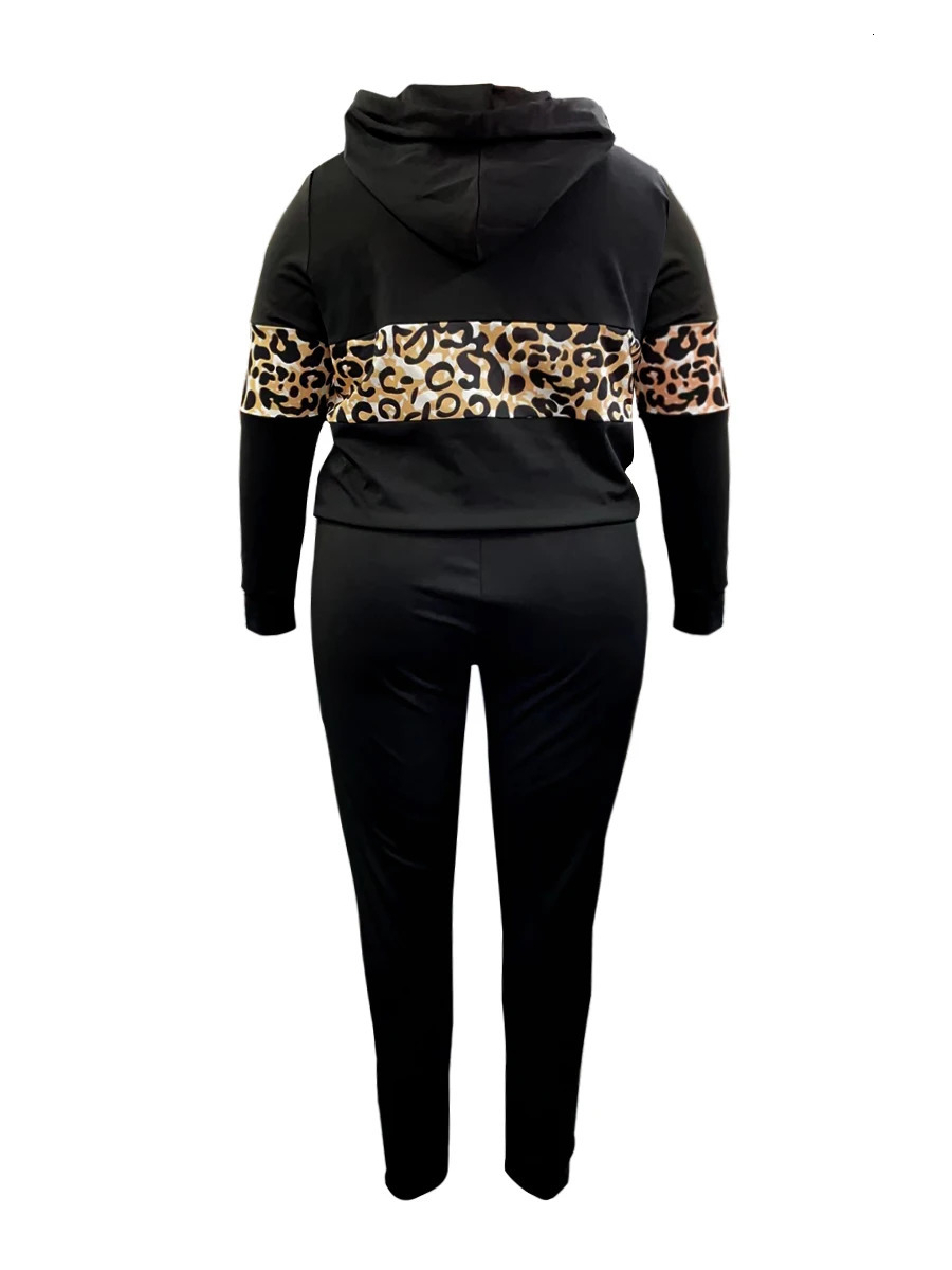 LW Plus Size Hooded Collar Leopard Print Tracksuit Set Drawstring Long Sleeve Hoodie Pocket Pants Two-Pieces Set 250714