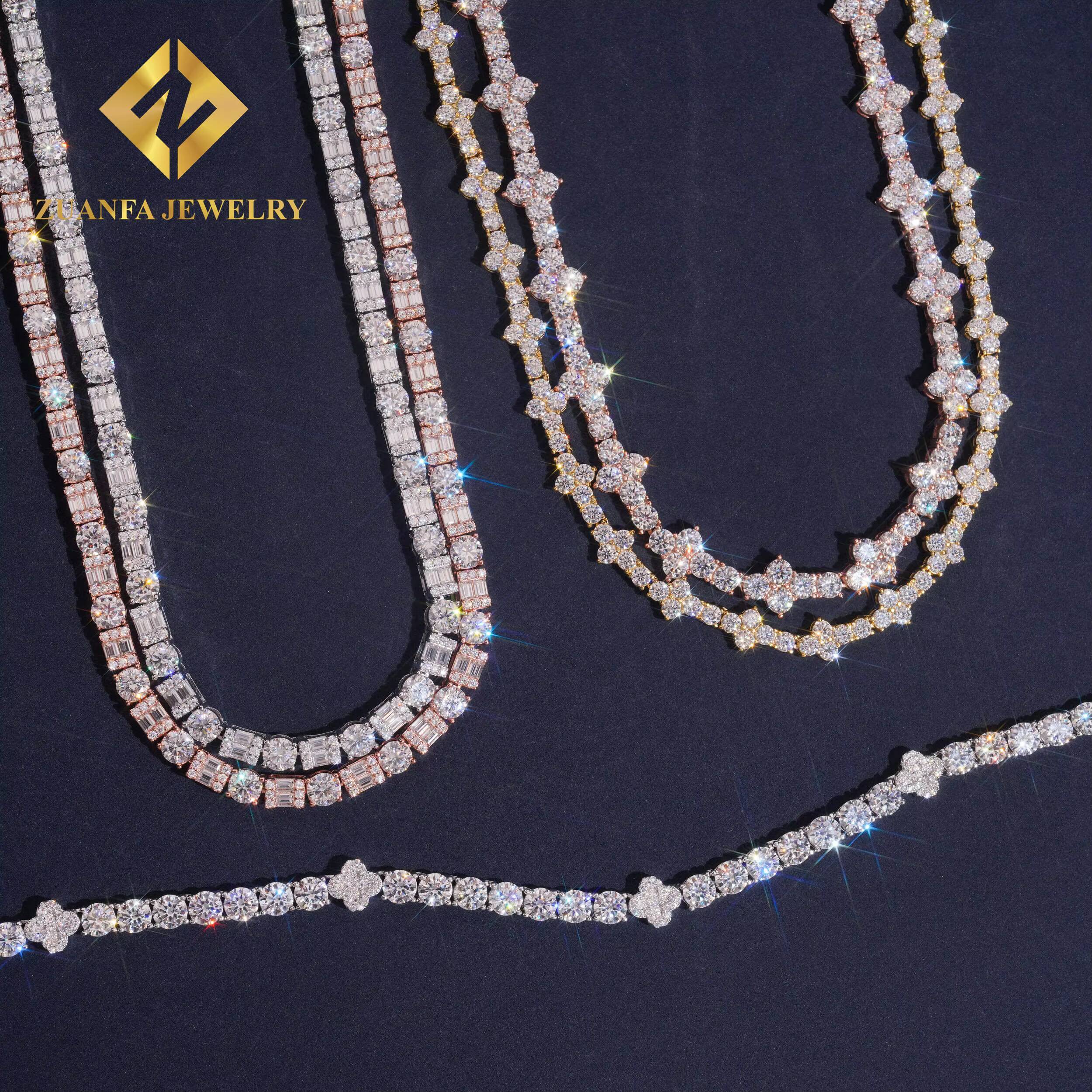 RTS Trendy Moissanite Tennis Necklace Collections Men Women Hip Hop 925 Silver Iced Out Cross Clover Tennis Moissanite Chain