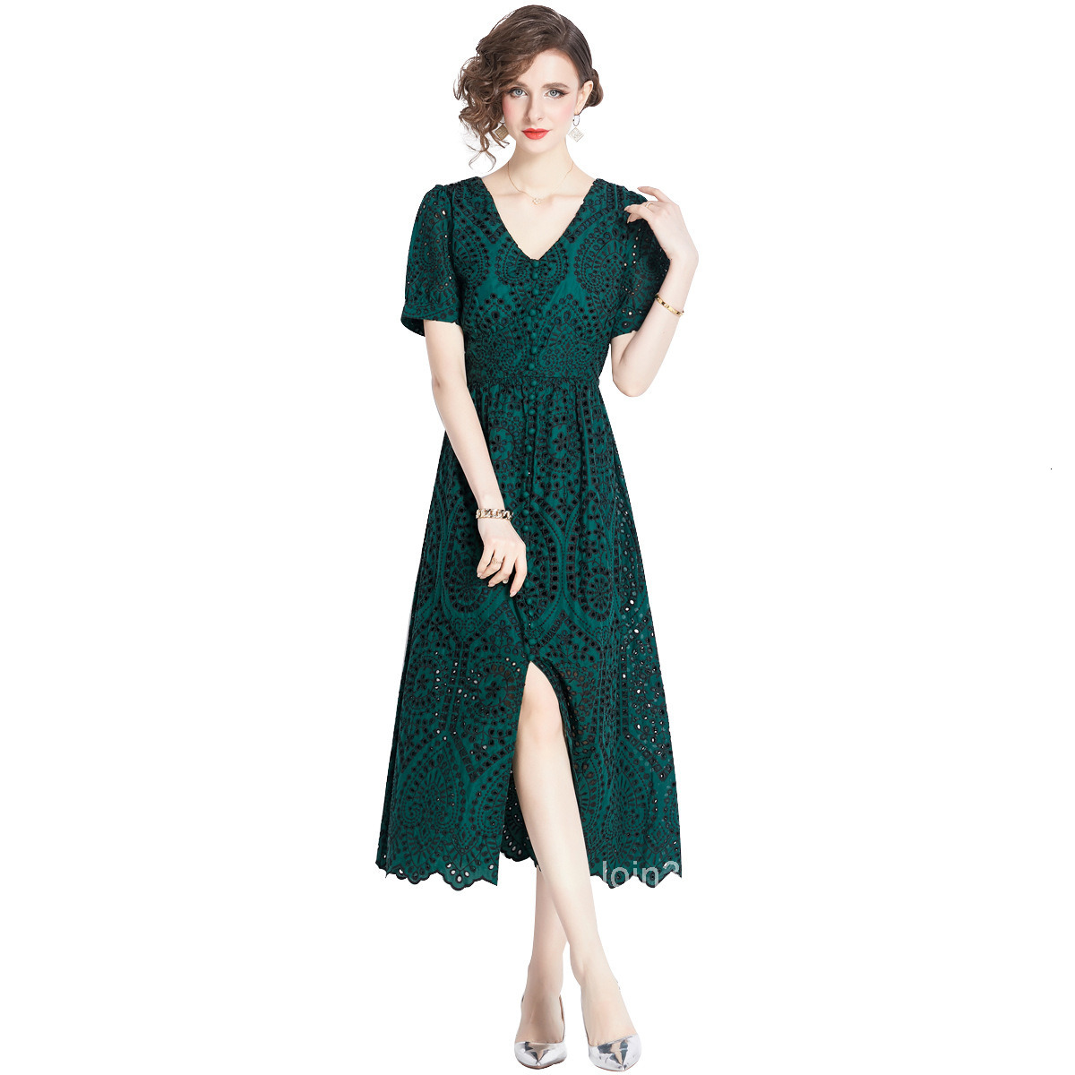 5832 Summer New Womens Fashion Elegant Lace Embroidery Fashionable Slimming Slit Long Dress