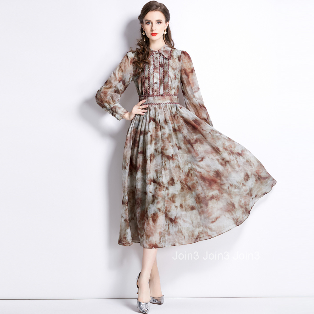 1998 Early Spring New Womens Vacation Style Printed Turn-Down Collar Long Sleeve Elegant Flared Long Dress