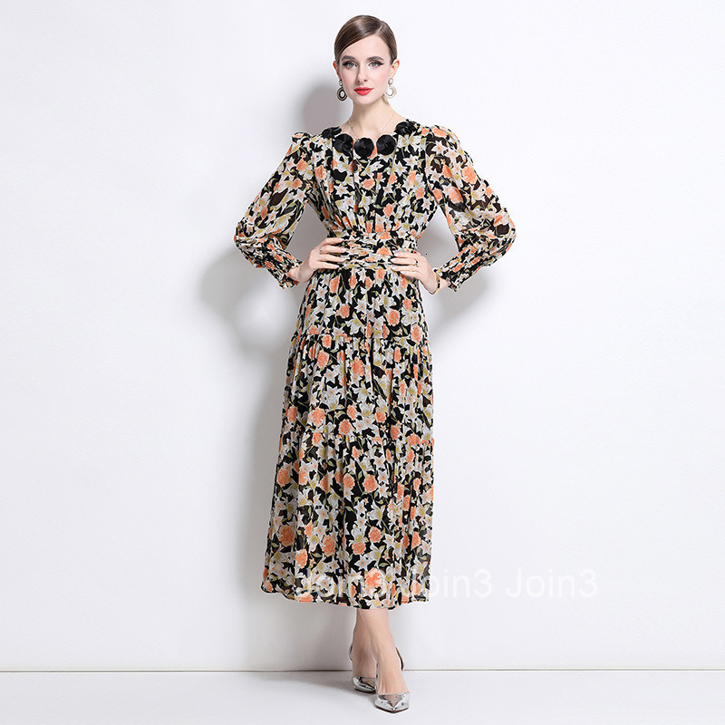 8800 New Fashionable Floral Dress Long Sleeve Flared Mid-Length Dress
