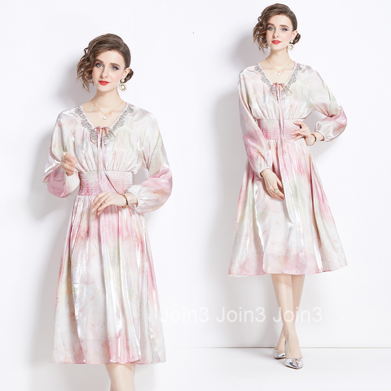 8007 Spring New Womens Fashionable Gradient Diamond Collar Lantern Sleeve V-neck Mid-length Dress