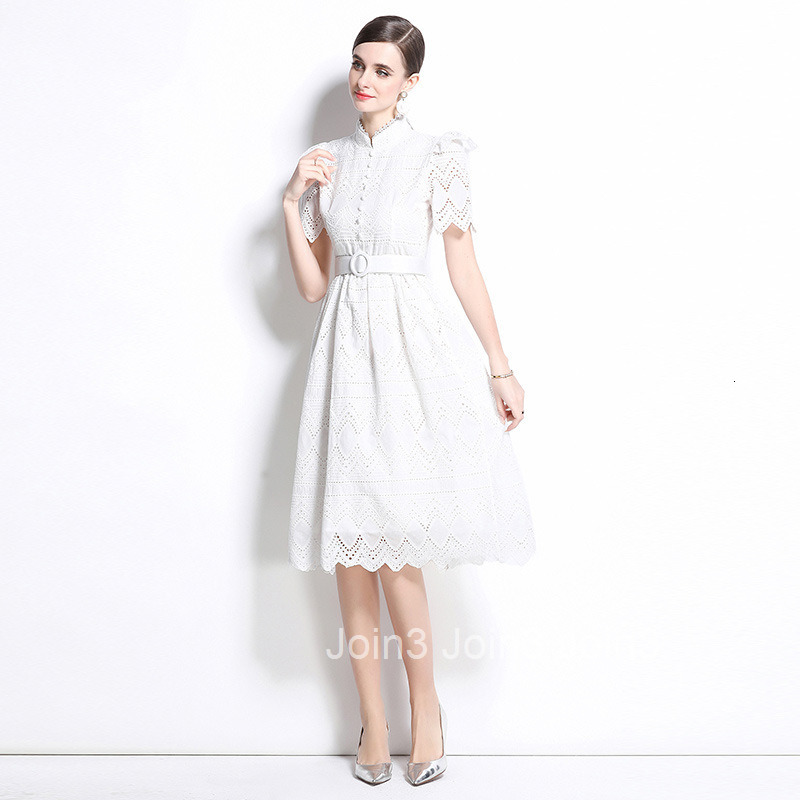 710 New Product Lace Elegant Splicing Waist Short Sleeve Dress