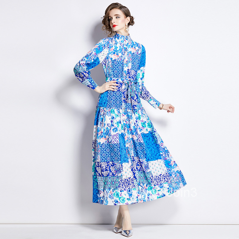 6945 Spring Summer New Womens Fashion Elegant Stand Collar Long Sleeve Slim Fit Printed Flared Long Dress