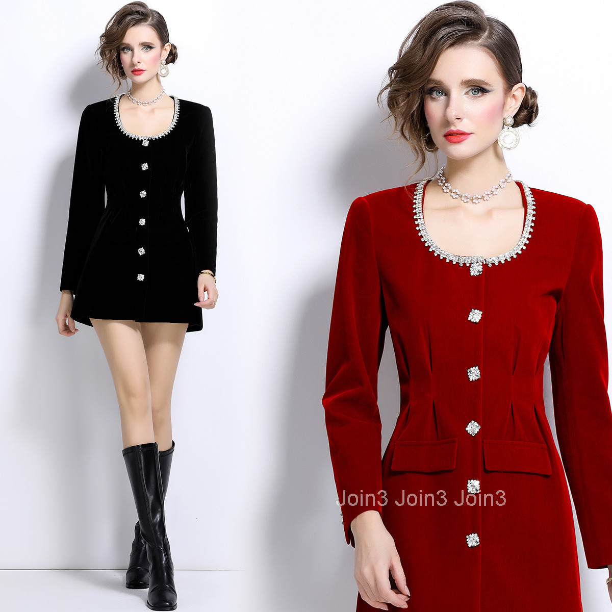 6998 autumn and winter new womens clothing nail diamond temperament long sleeved velvet jacket style short skirt dress