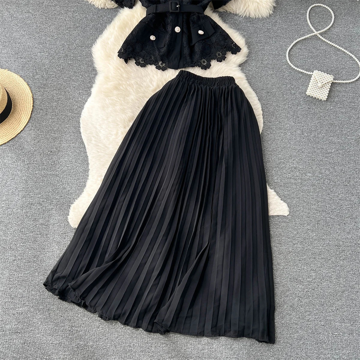 Women Chic French Two Pieces Sets Lapel Short Sleeve Shirt Elegant High Waitst A-line Pleated Skirt Chiffon Fashion Summer Sets 250714