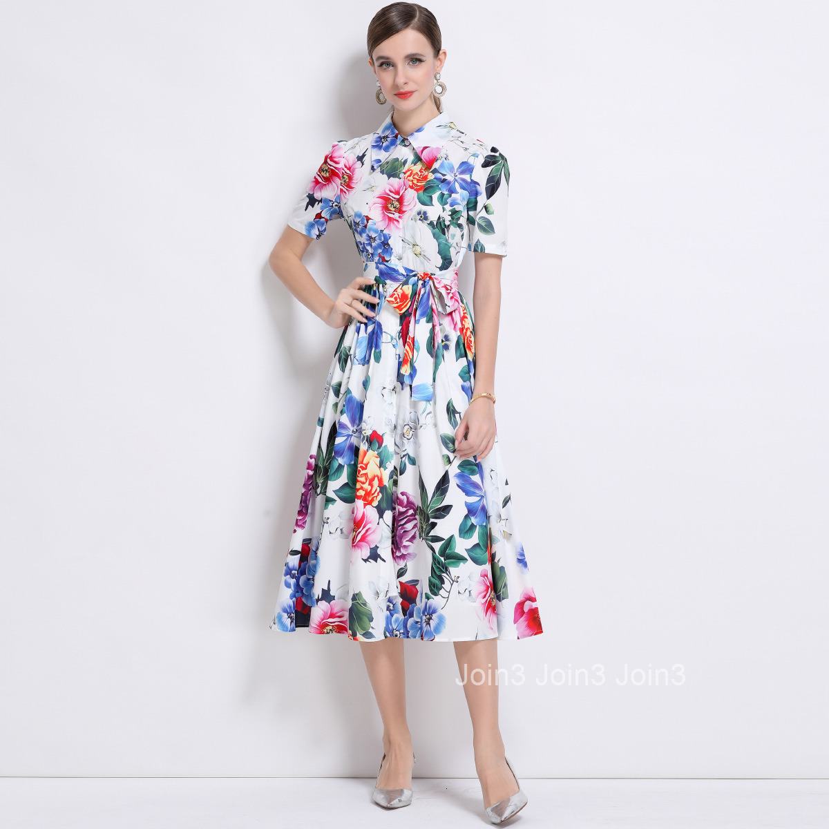 6838 Summer New Womens Clothing Style Collar Short Sleeve Waist for slimming Printed Long Dress
