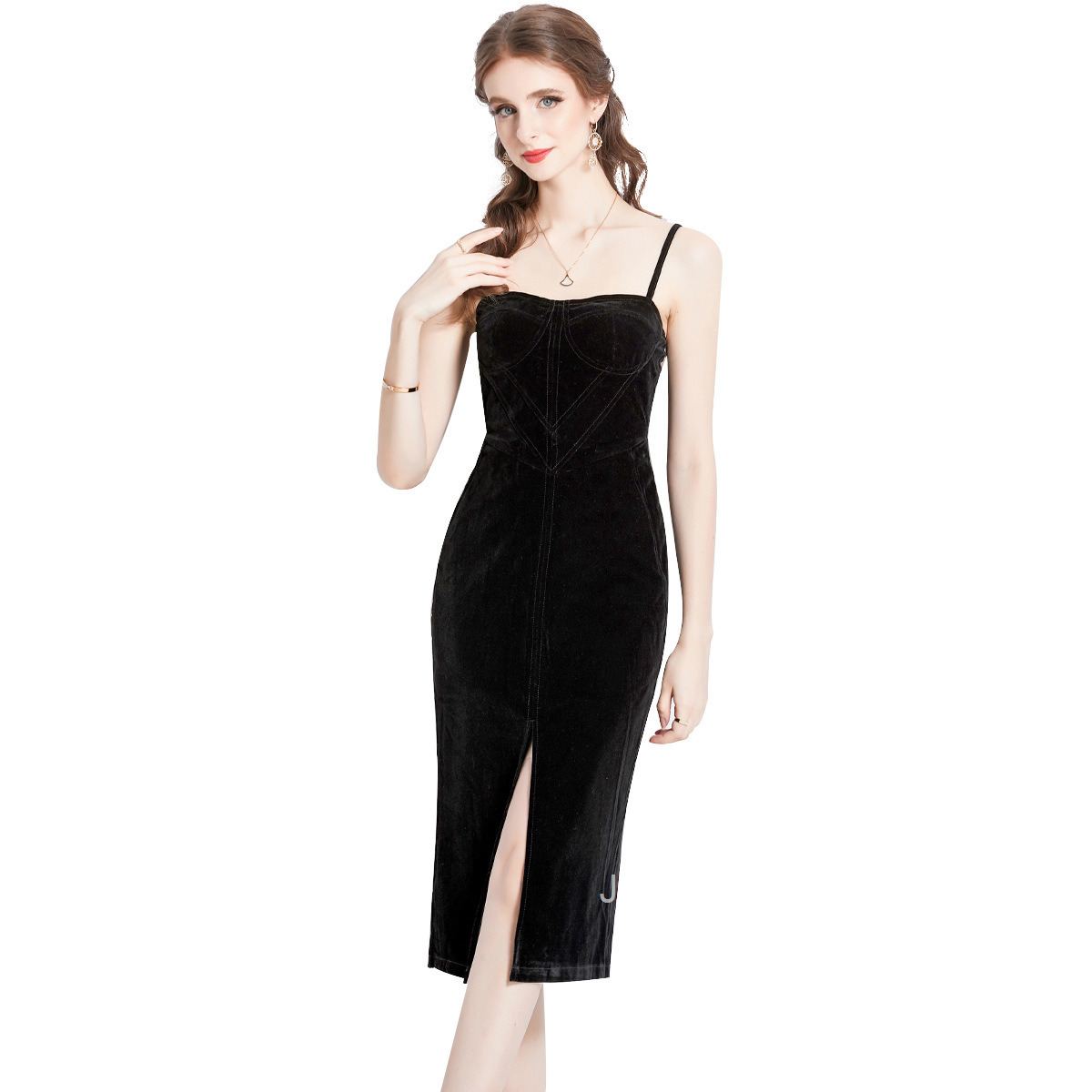 822 autumn new womens style velvet suspender dress with slit and slim fit mid length skirt
