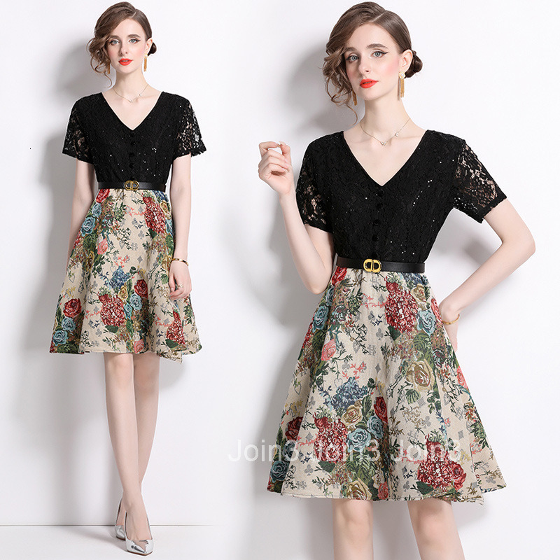 8571 French Style Elegant Lace Hollow Out Versatile Waist Tie Slimming Patchwork Dress Trendy