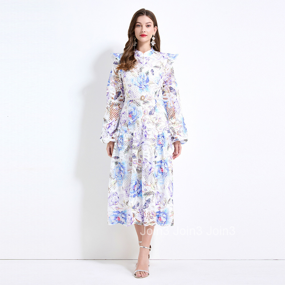 2148 Spring New Womens Stand Collar Floral Print Water-Soluble Long Waist-Cinching Lace Dress