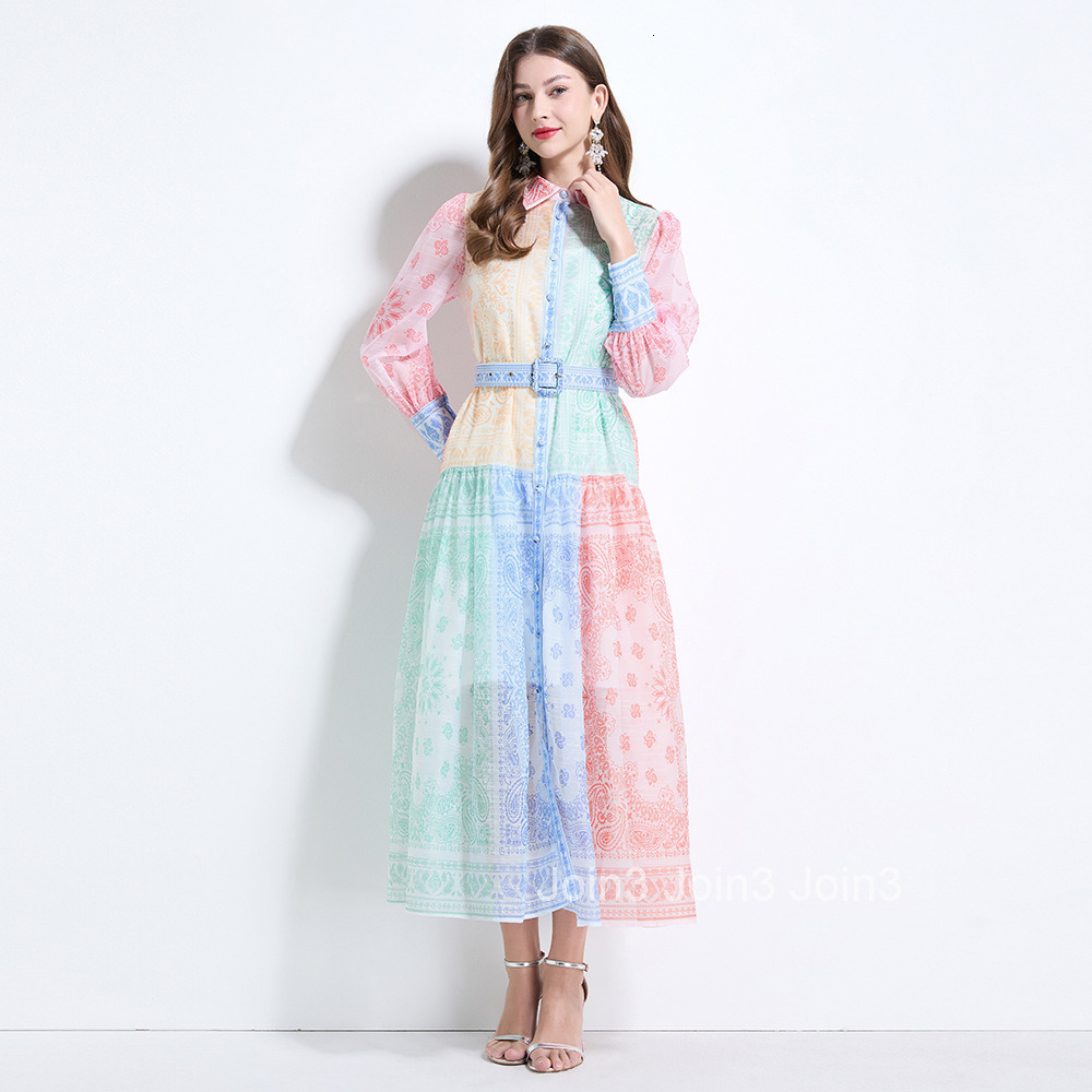 2151 vacation style color blocked paisley square scarf printed waist cinching jumpsuit long dress - with camisole included