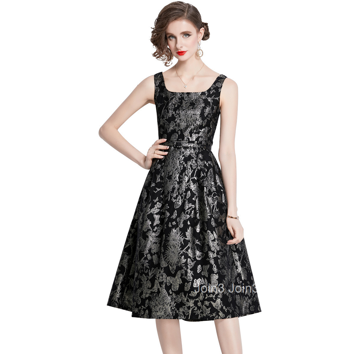 1626 Summer New Womens Fashion Jacquard Strap Waist Slimming Flared Mid-Length Dress