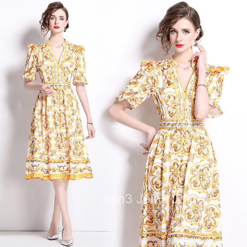 6073 Fashion Elegance Style Stand Collar Single-Breasted Printed Dress