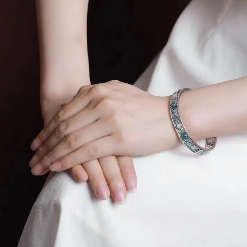 silver 925 Natural an Jade Magnolia Bracelet for women National Style Blue Hollow out Classical bangles Fresh Charm Jewelry 250716