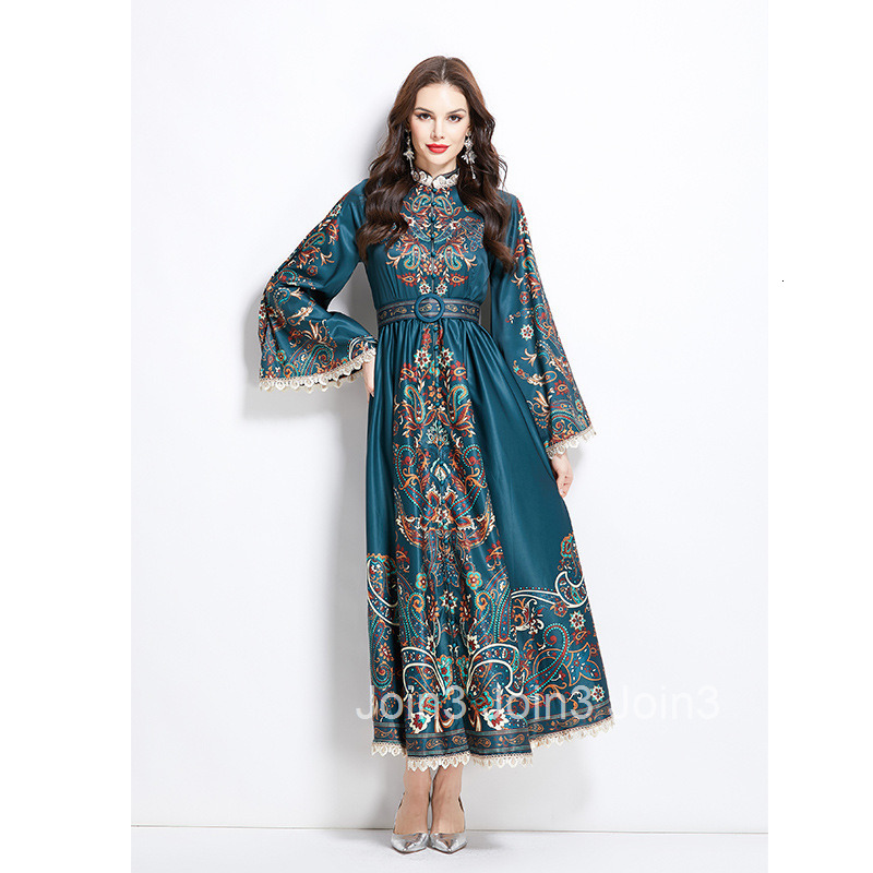 2713 Spring Summer Vacation Ethnic Style Floral Lace Patchwork Long Stand Collar Dress