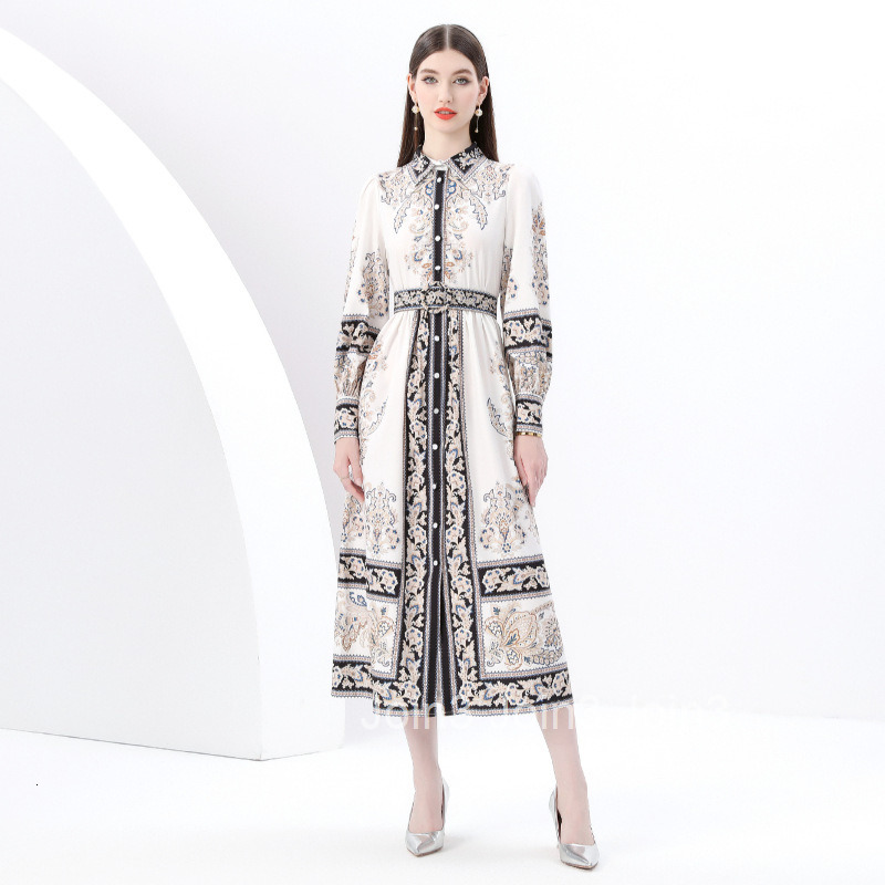 6145 Early Spring New Womens Clothing Style Elegance Style Flip Collar Lantern Sleeve Printed Long Dress