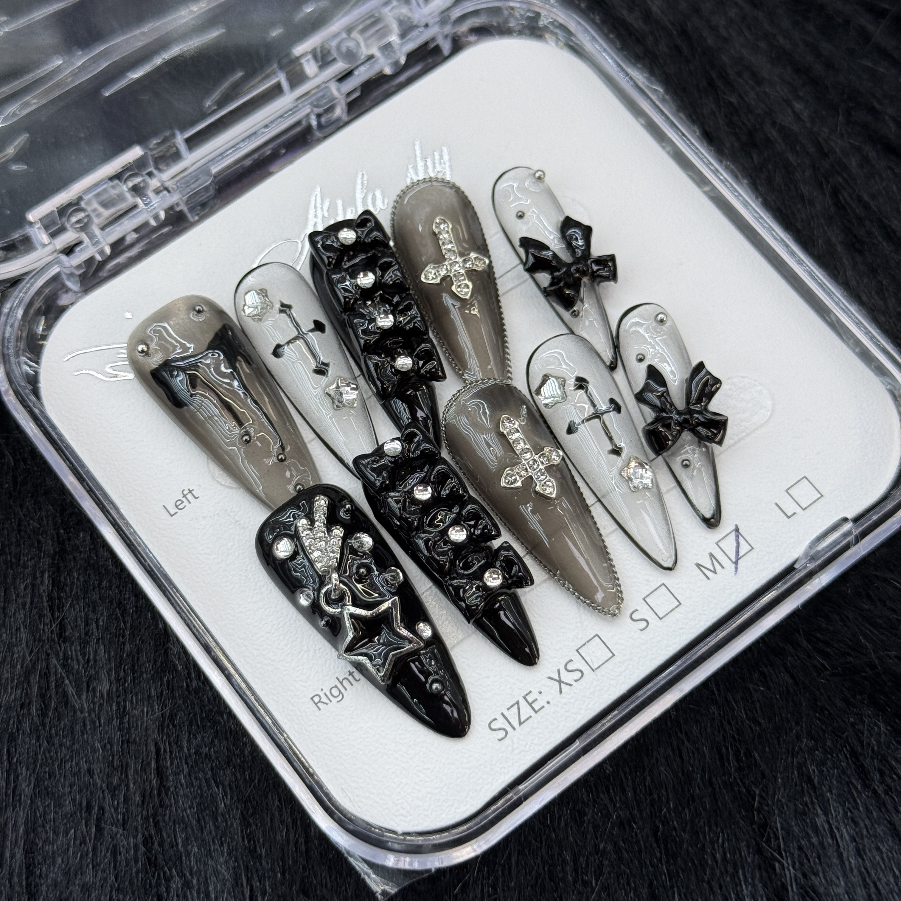 False Nails 10pcs Long Coffin Black White Grey Cross Bow Skull Rhinestone Detachable Full Cover Press On DIY Handmade press on nails