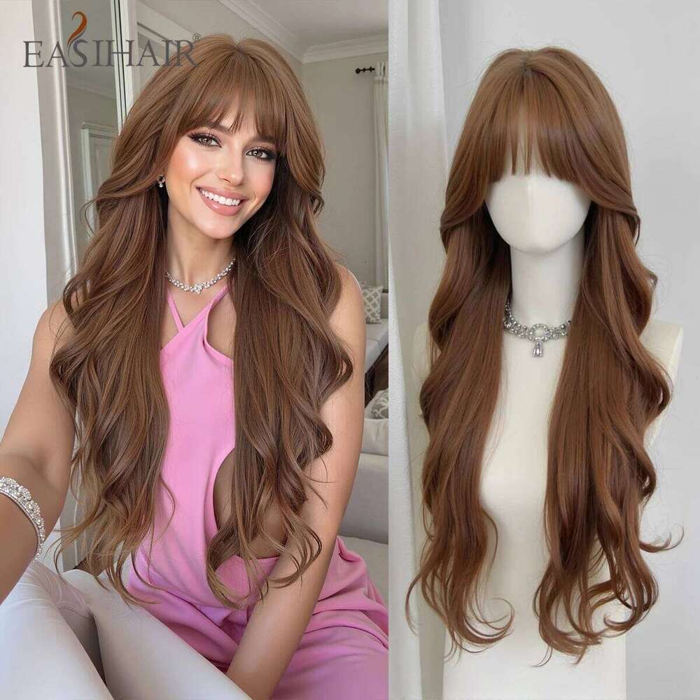 EASIHAIR Long Wavy Synthetic Women Natural Curly Brown Hair Wigs for With Bangs Daily Use Cosplay Heat Resistant