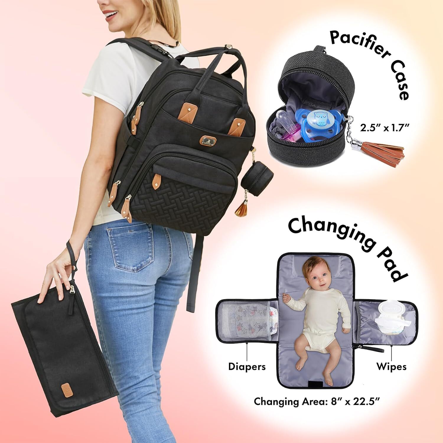 Diaper Bag Backpack with Portable Changing Pad, Pacifier Case and Stroller Straps, Large Unisex Baby Bags for designer bag Boys Girls, Multipurpose Tr