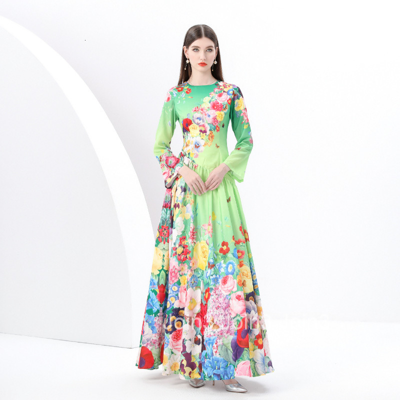 6190 early spring new womens clothing temperament round neck long sleeved painted printed large swing long skirt dress