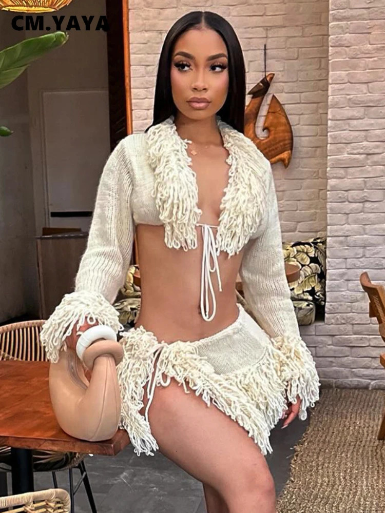 CMYAYA Women Knitted Mini Skirt Sets VNeck Long Sleeve Tassel Crop Top Fall Streetwear Sexy Party Two 2 Piece Outfits 250717