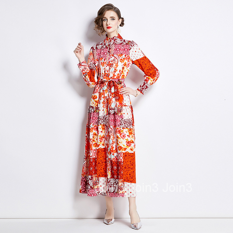 6945 Spring Summer New Womens Fashion Elegant Stand Collar Long Sleeve Slim Fit Printed Flared Long Dress