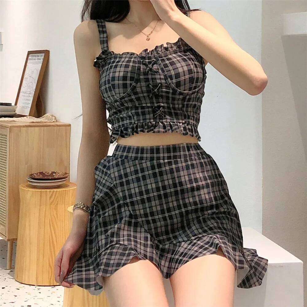 Vintage Plaid Print High Waisted Bikinis Sets Korean Swimwear Ruffled Skirts Culottes Cute Holiday Beach Wear Swimsuit
