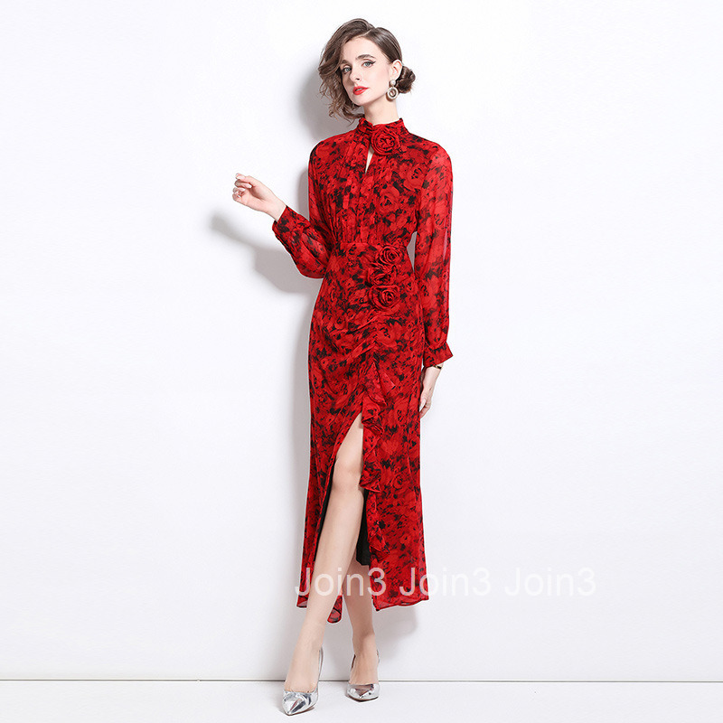 6015 Autumn New Womens Long Sleeve Printed Chiffon Dress Slim Waist Elegant Long Dress