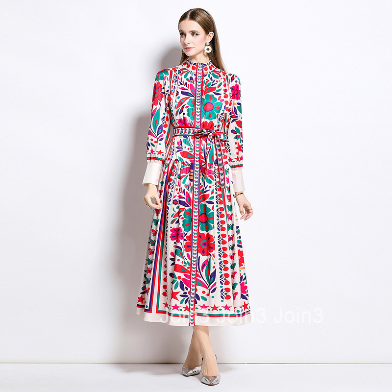 8780 Fashion Elegance Style Stand Collar Single-Breasted Printed Dress