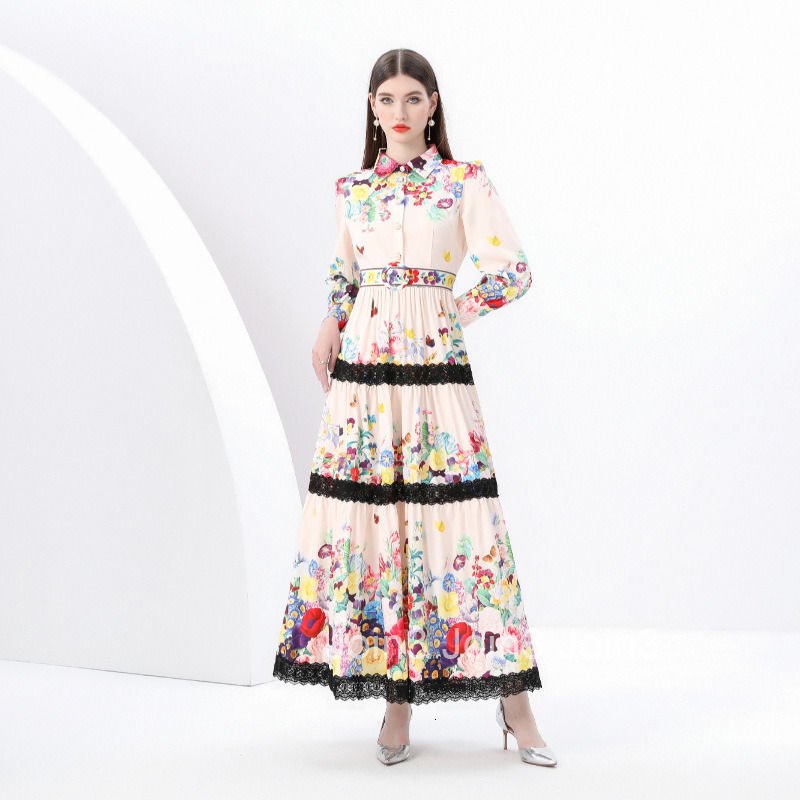 6008 early spring new womens clothing Elegance style lapel lantern sleeve printed lace edge skirt dress