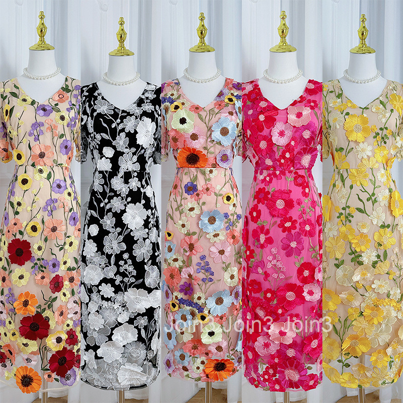 607 Heavy Embroidery Colorful Handmade Floral Collar Slit Bodycon Dress