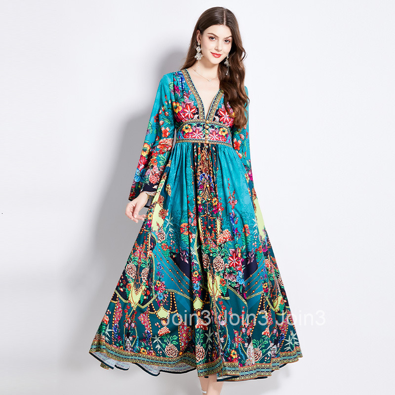 2537 Spring and Autumn New Womens Vacation Style Printed Elegant V-neck Long Sleeve Waist-cinching Flared Dress