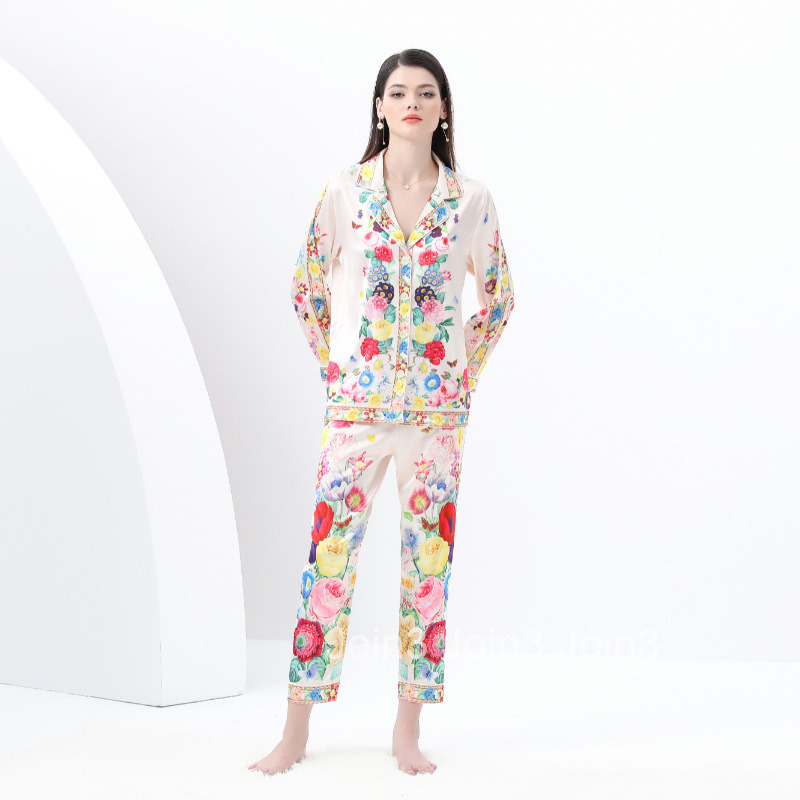 8822 Early Spring New Womens Casual Trimmed Pajama Set with Suit Collar Long Sleeve Long Pants Printed Two-Piece Set