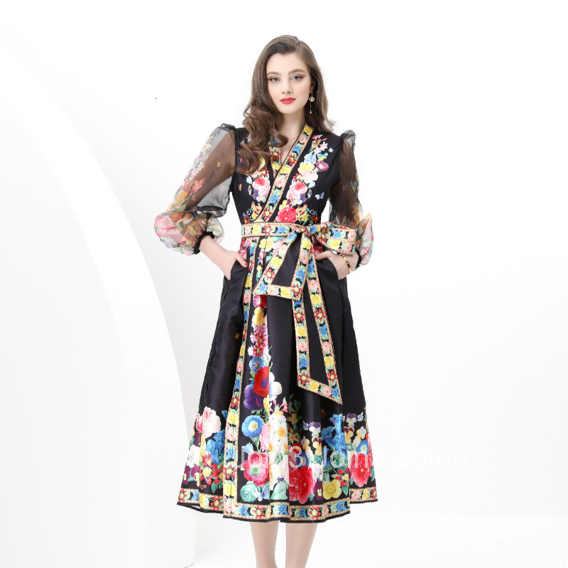 6095 Early Spring New Womens Vacation Wrap Tie V-neck Lantern Sleeve Long Dress Printed Dress