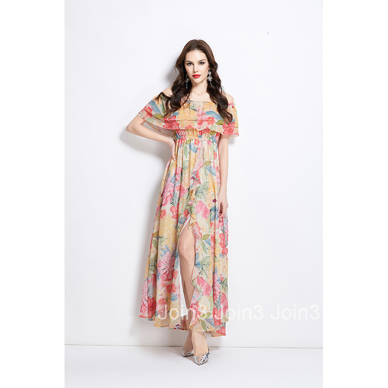 2695 Spring Summer New Ruffle Off-Shoulder Waist-Cinching Flared Beach Dress with Slit Chiffon Dress