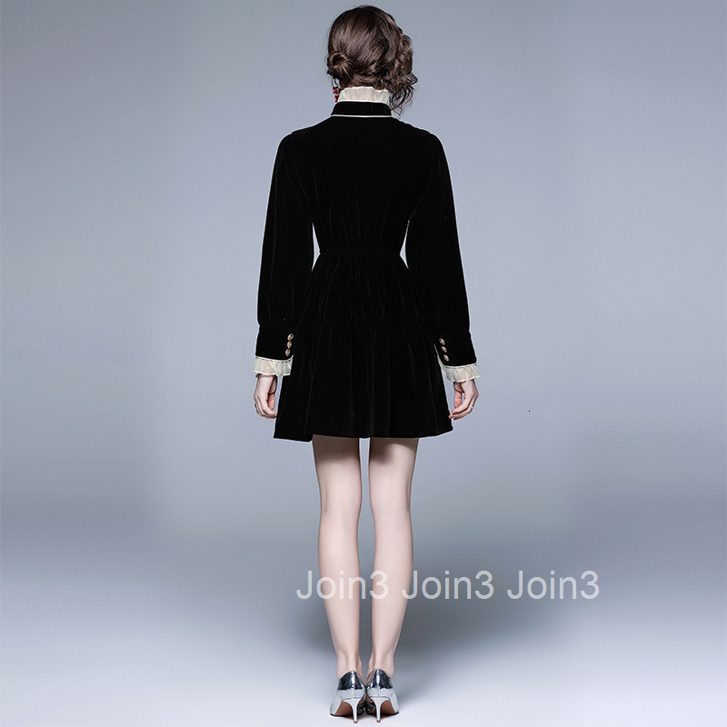 8356 Autumn New Womens Small Black Dress with Black Velvet Long Sleeve Short Skirt Style