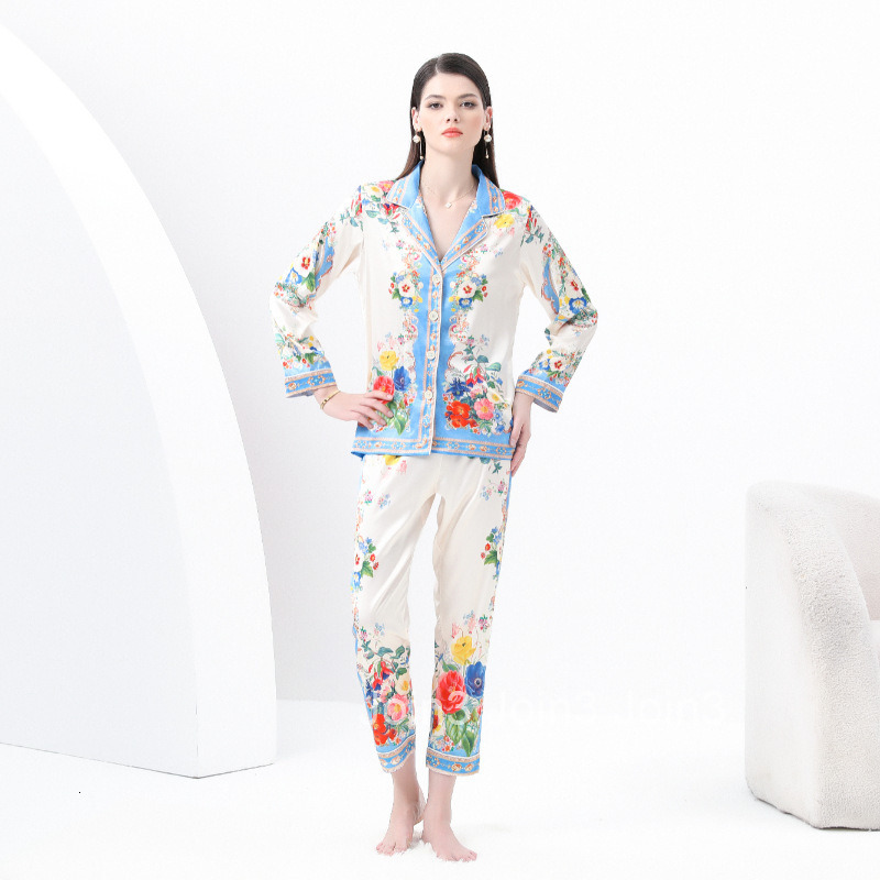 8822 Early Spring New Womens Casual Trimmed Pajama Set with Suit Collar Long Sleeve Long Pants Printed Two-Piece Set