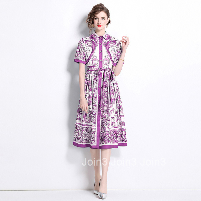 8763 Fashion Versatile Waist-Cinching Blue and White Porcelain Print Short Sleeve Single-Breasted Cardigan Dress