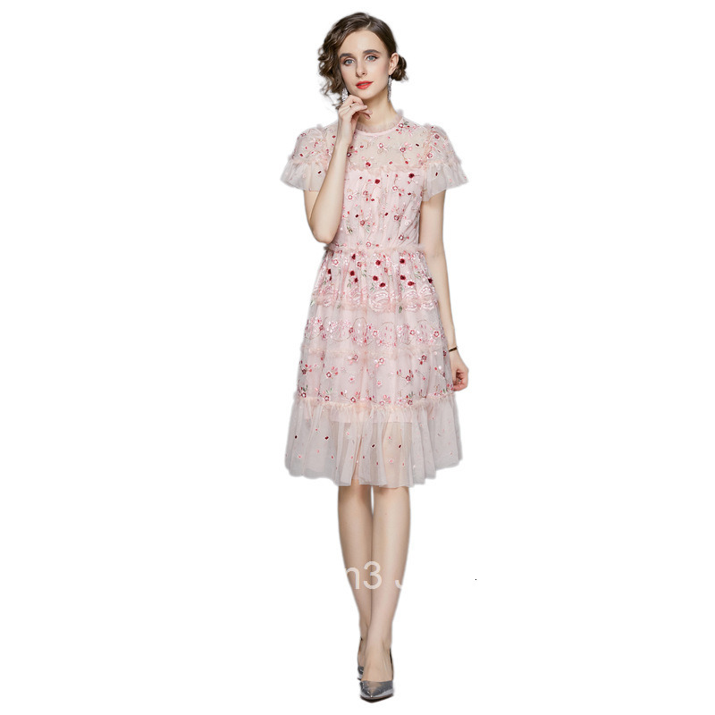 971 Summer Womens Round Neck Ruffle Short Sleeve Mesh Embroidery Waist Cinching Flared Mid-Length Printed Dress