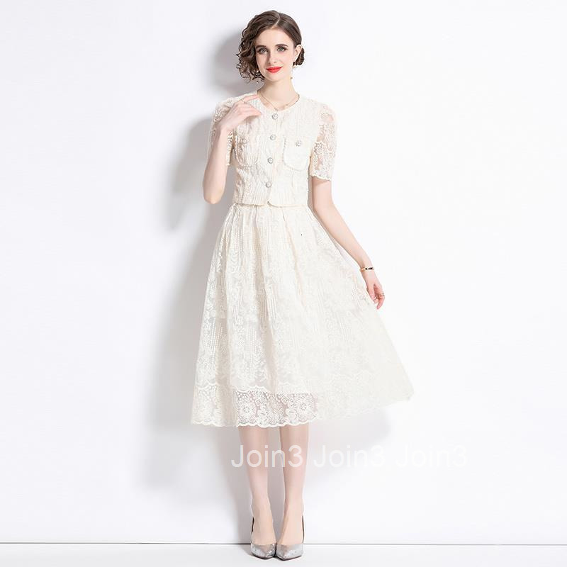 8562 Summer New Womens Fashionable Short Sleeve Set Water Soluble Lace Blouse + Skirt Two-Piece Set