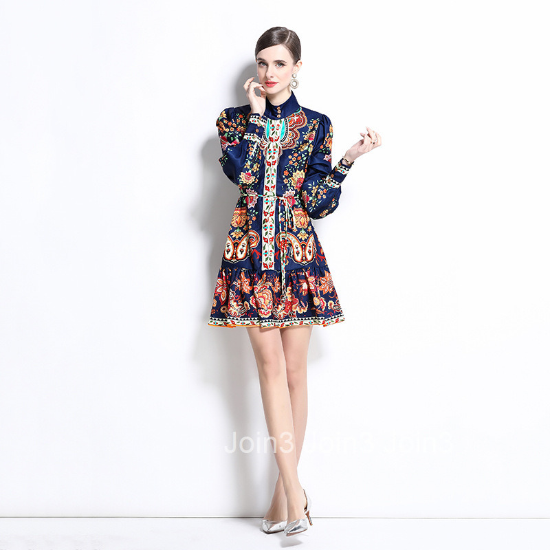 1234 Spring New Printed Lantern Sleeve Ruffle Edge Dress