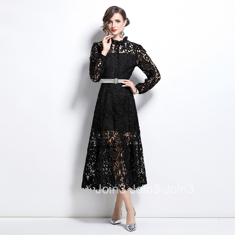 8561 Spring and Autumn New Womens Clothing Style Water soluble Lace Embroidery Hollow Hook Flower Waist Long Dress