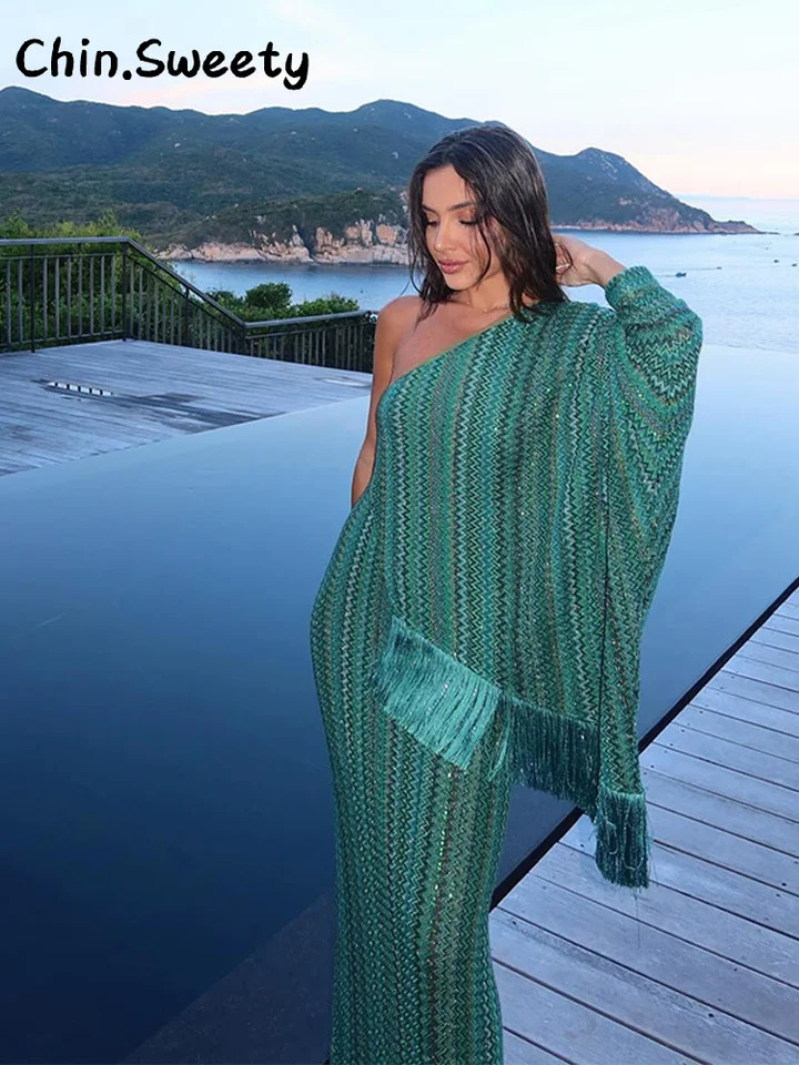 Elegant Tassel Printed Long Dress Women Loose V-neck Full Sleeve Scarf Dresses Female 2025 Summer Lady Beach Vacation Robes 250717