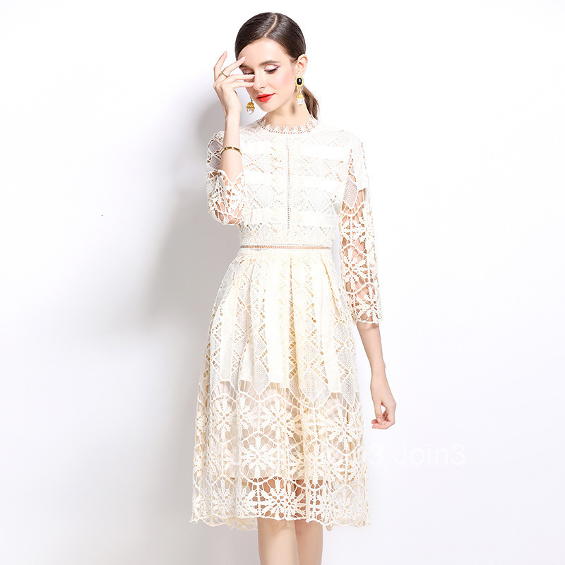 558 autumn new womens clothing style mid long sleeved slimming hollow out water-soluble lace mid length dress