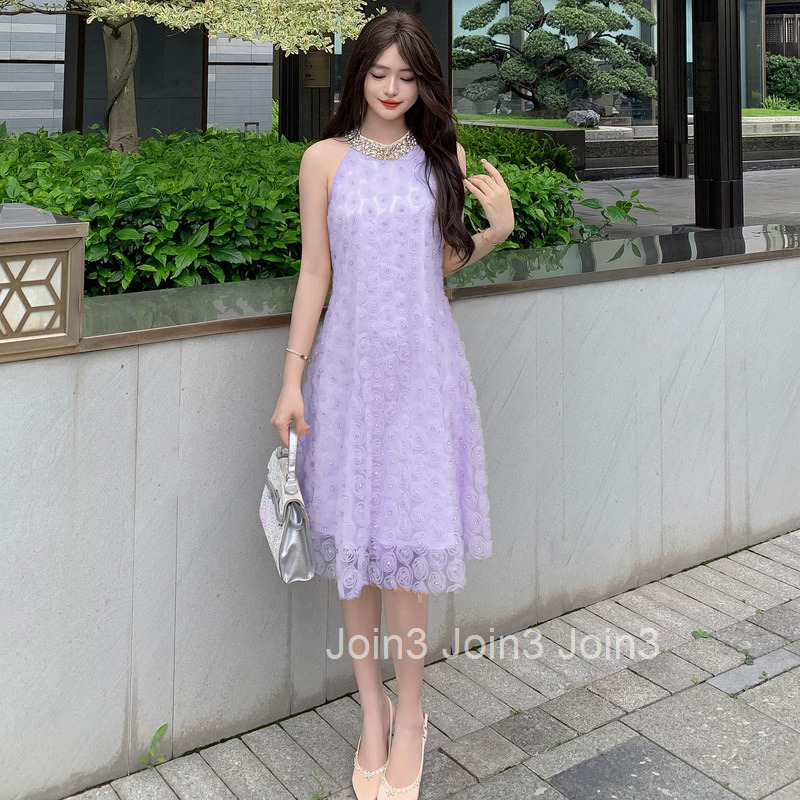 2025 Halter Neck Sleeveless Dress for Women Summer Mesh Three-Dimensional Flower Rhinestone Design Elegant Mid-Length Dress