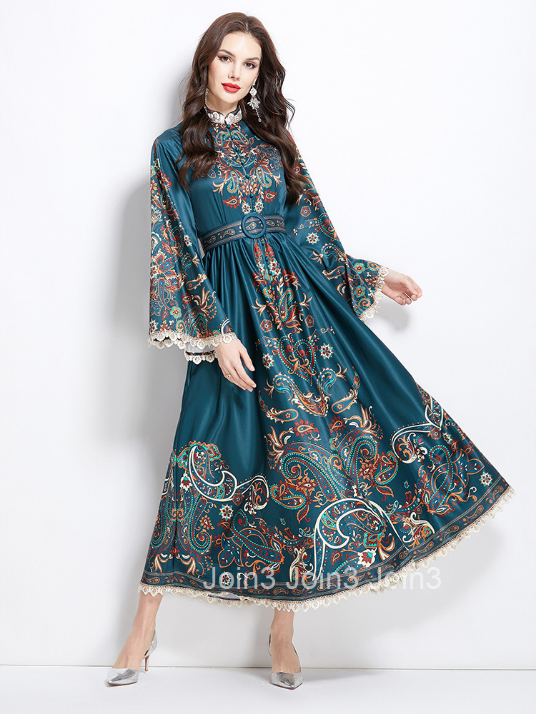 2713 Spring Summer Vacation Ethnic Style Floral Lace Patchwork Long Stand Collar Dress