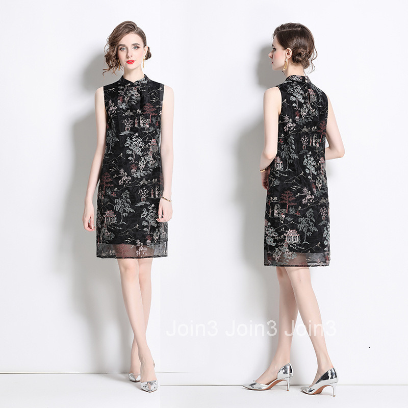6740 Summer New Womens Clothing New Chinese Style Cheongsam Embroidered Slim Fit Stand Collar Sleeveless Dress