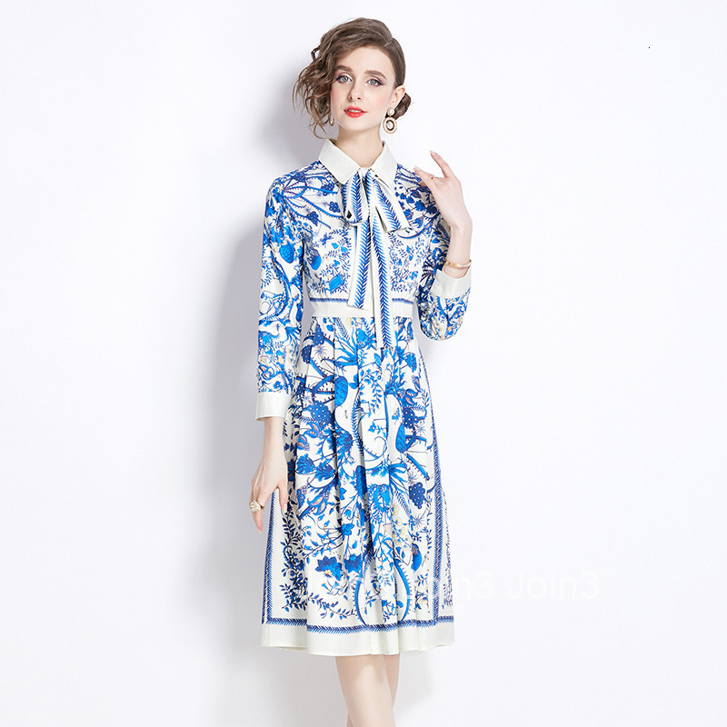 3937 Summer New Womens Fashion Printed Waist Slimming Long Sleeve Dress (With Belt)