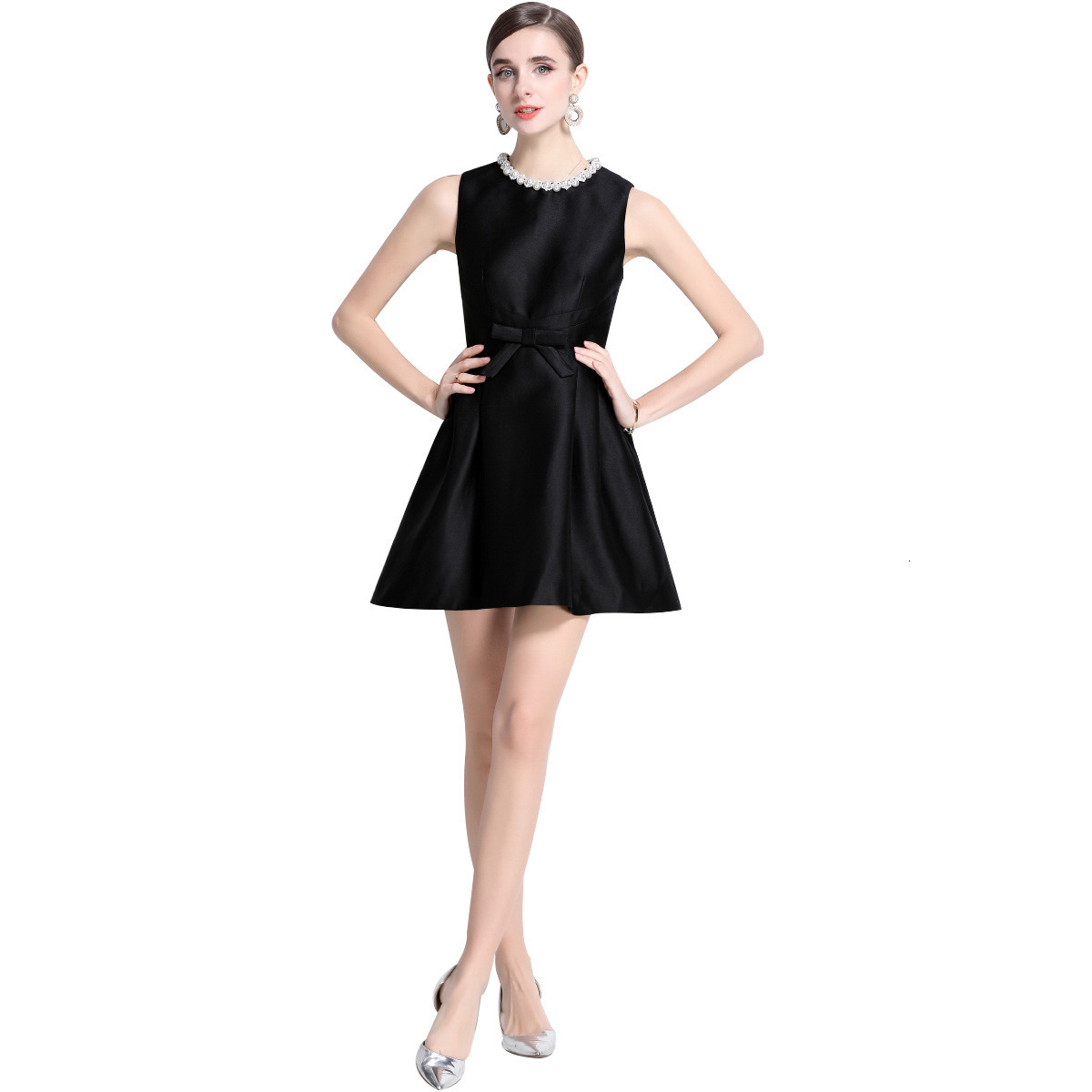 5860 Early Spring Pearl Collar Sleeveless Dress for Women Waist-Cinching Slim Fit Dress for Women